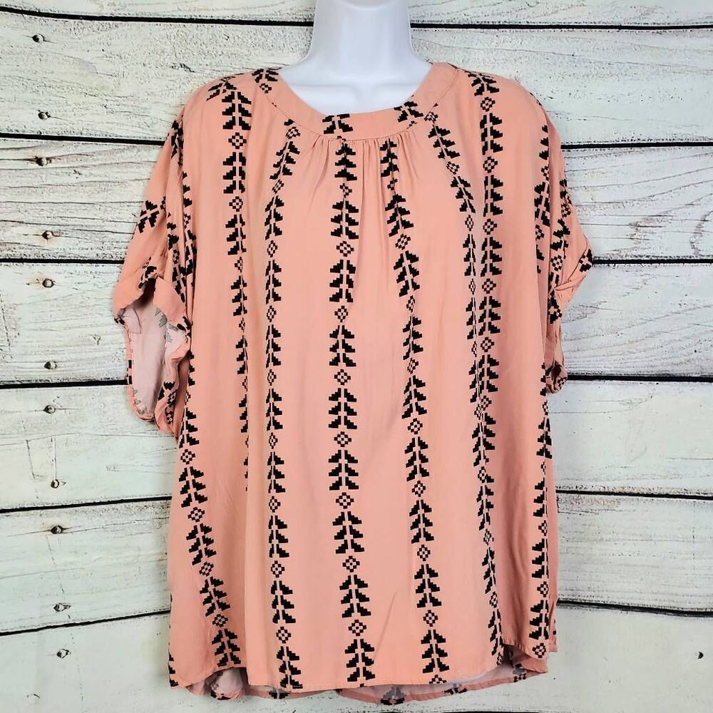 SHEIN Curve 4XL Peach Blouse Tribal Geometric Print Viscose Boho Tunic
